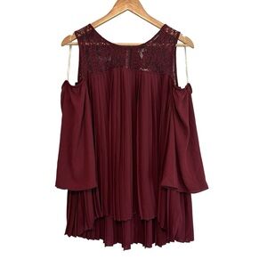 New Women's 14/16W Burgundy Lace Relaxed Cold Shoulder PLUS Curvy Stretch Blouse